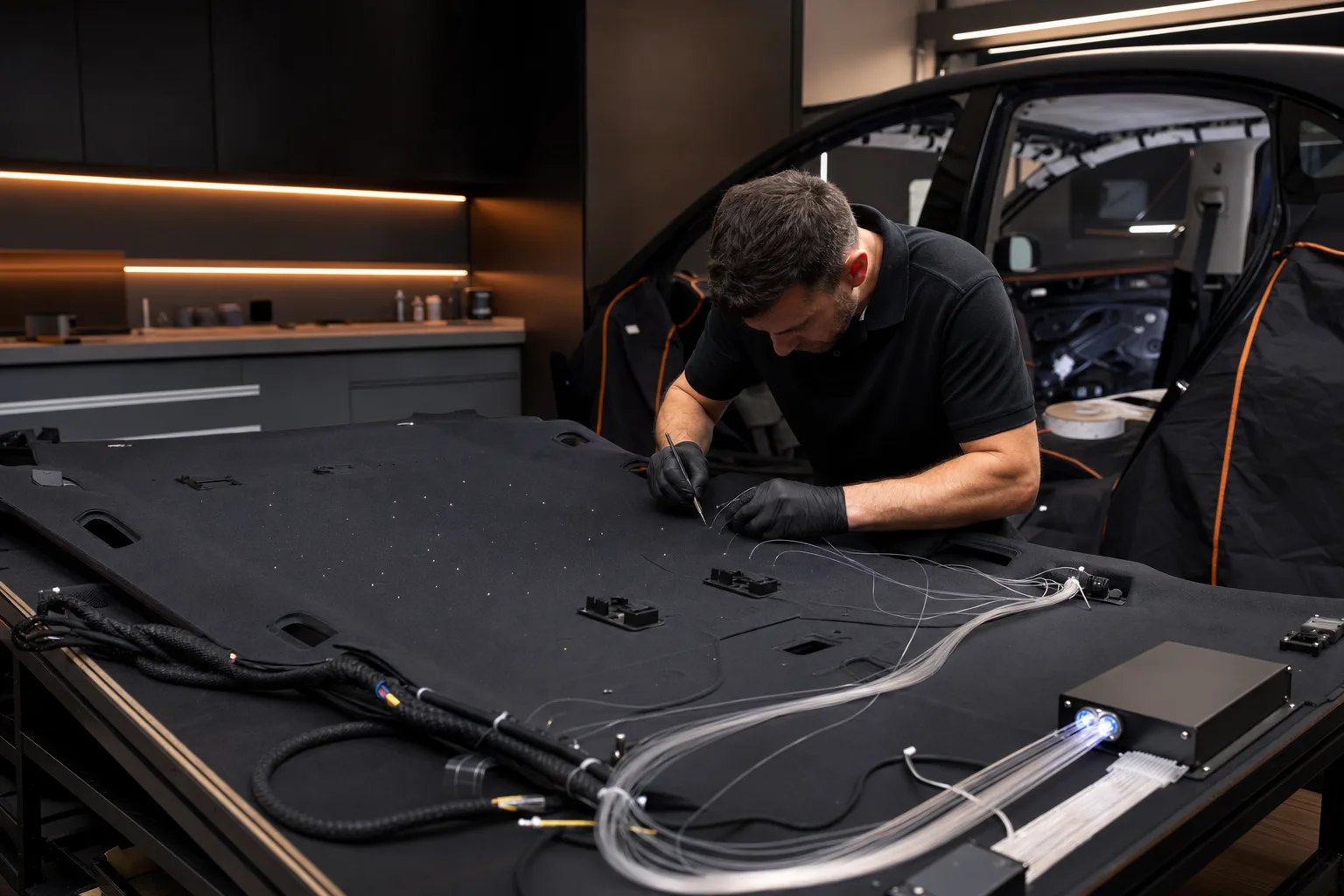 A professional technician installing fibre-optic strands into a supported vehicle headliner