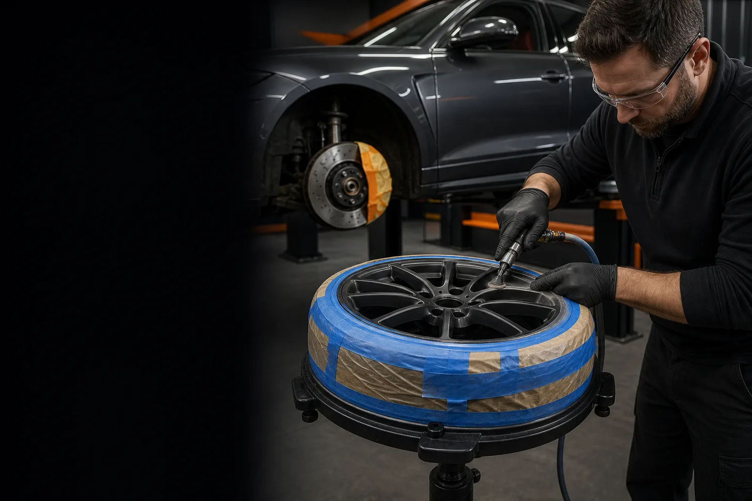 A professional technician preparing a protected alloy wheel for cosmetic refinishing