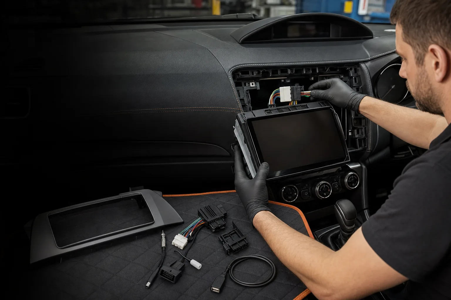A professional technician connecting a flush-fit touchscreen with a vehicle-specific dashboard harness