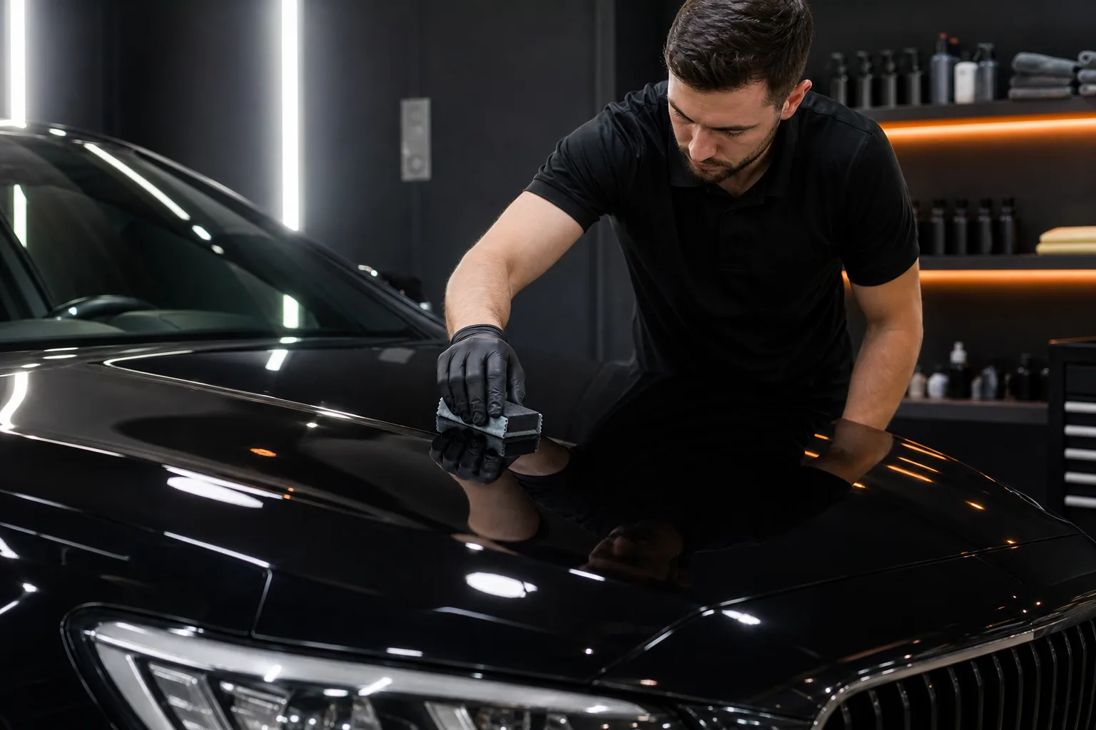 A professional applying ceramic coating to prepared black vehicle paint