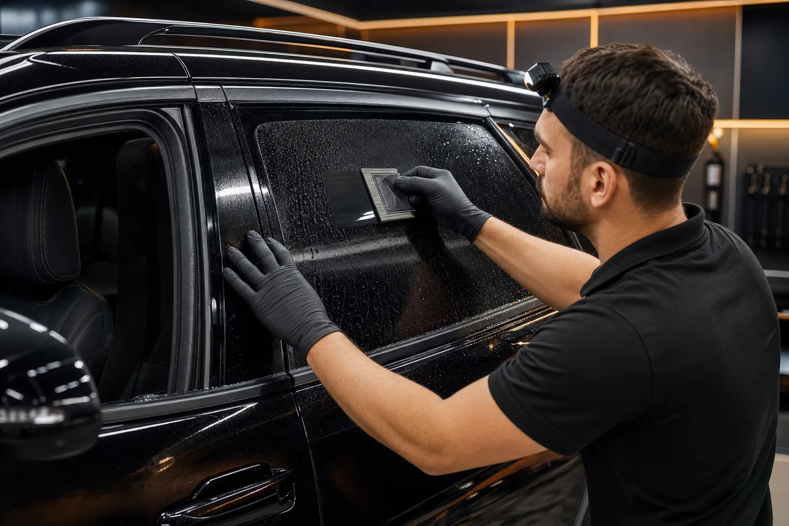 A professional installer applying ceramic tint film to a vehicle window