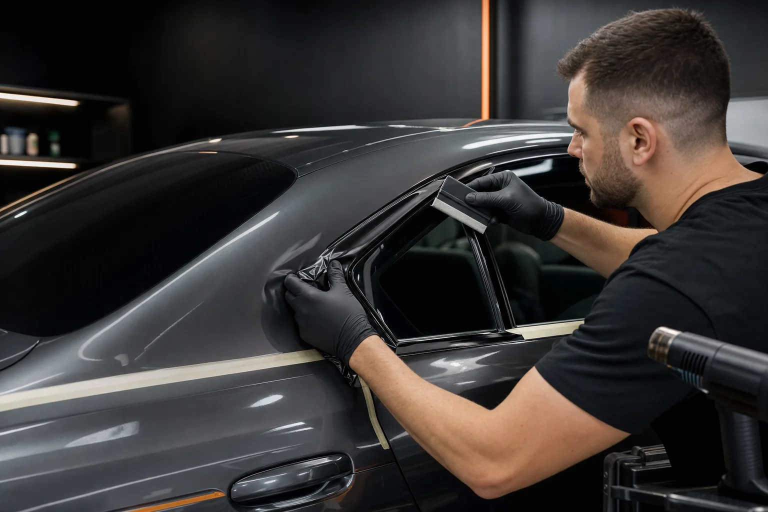 A professional installer applying black wrap film to bright vehicle window trim