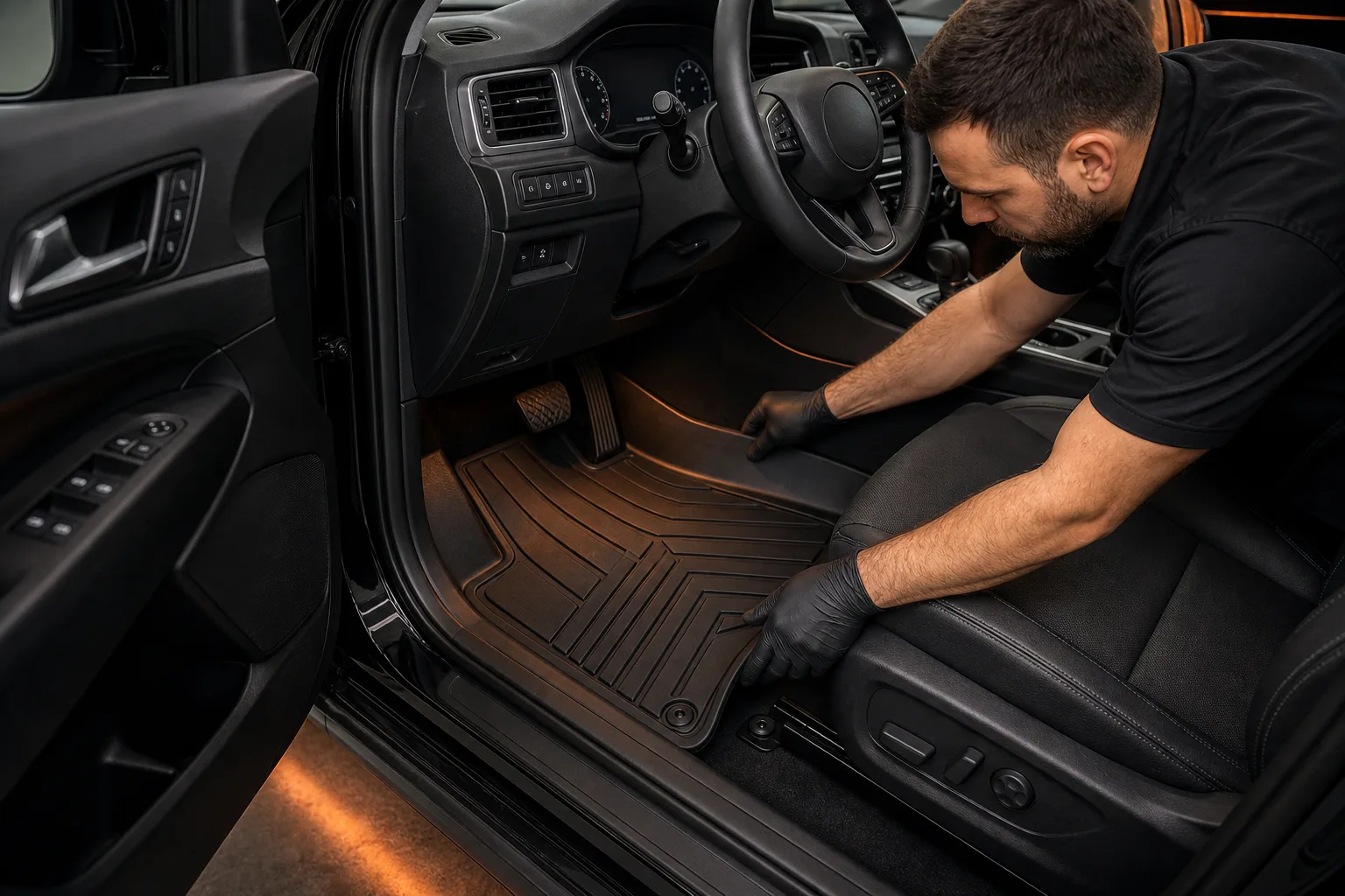 A professional installer fitting a molded floor liner into a vehicle driver footwell