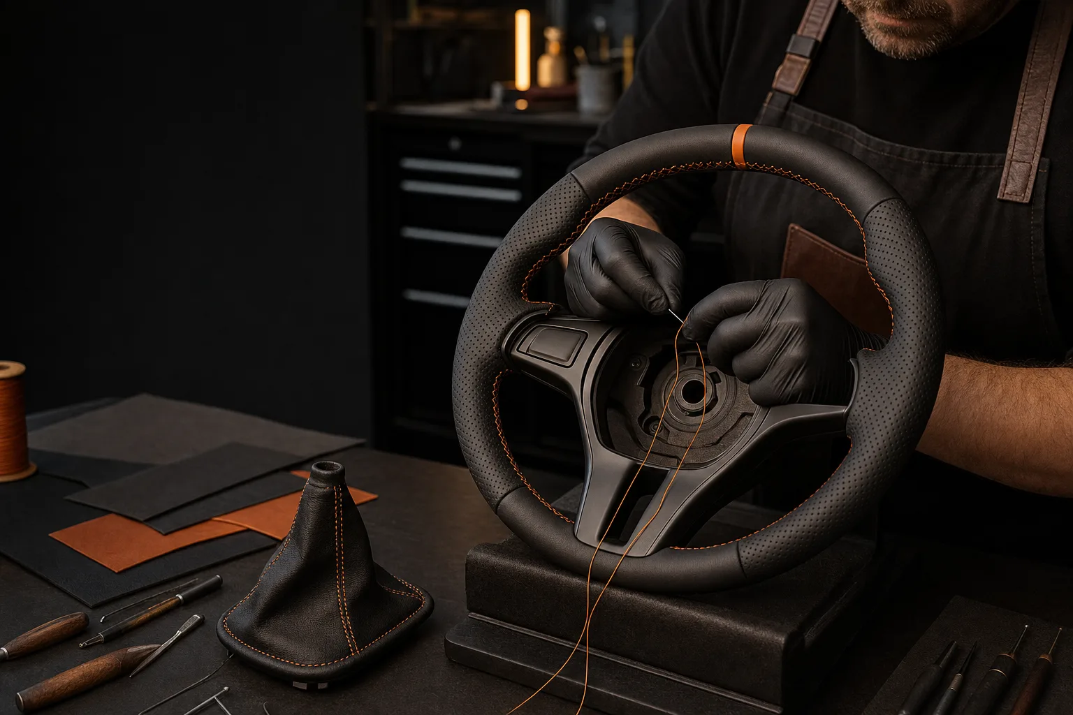 A craftsperson hand-stitching black perforated leather onto a steering wheel rim
