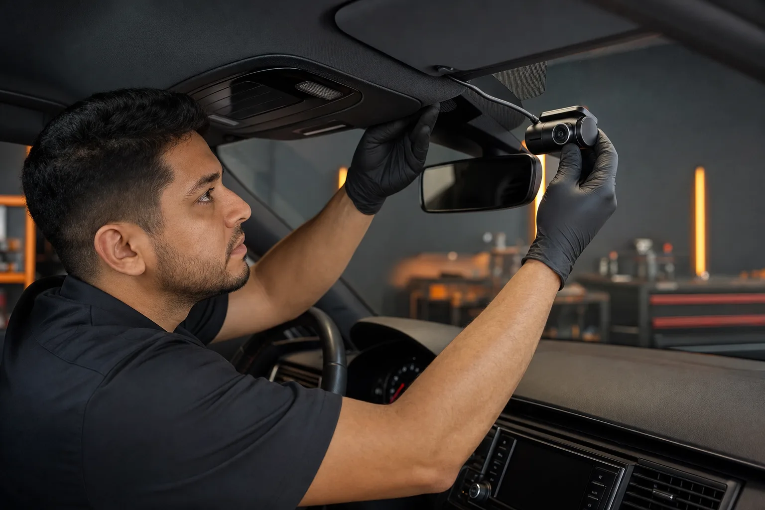 A professional technician installing a compact dash camera near a vehicle mirror
