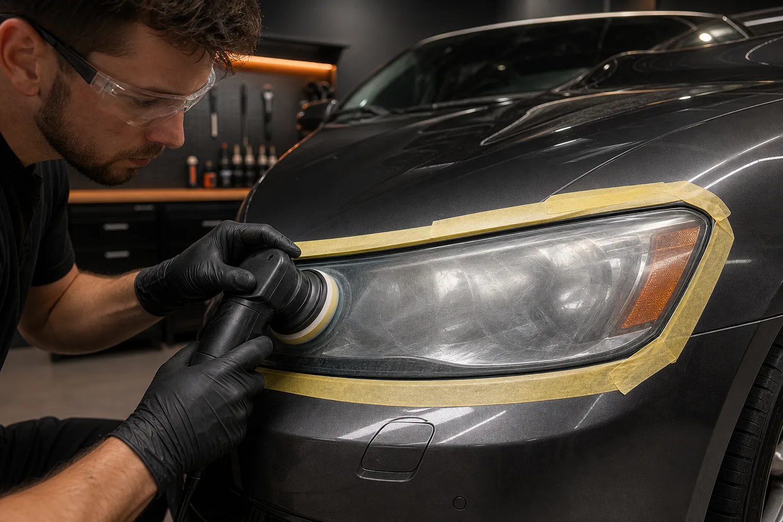 A professional technician polishing a masked cloudy headlight lens