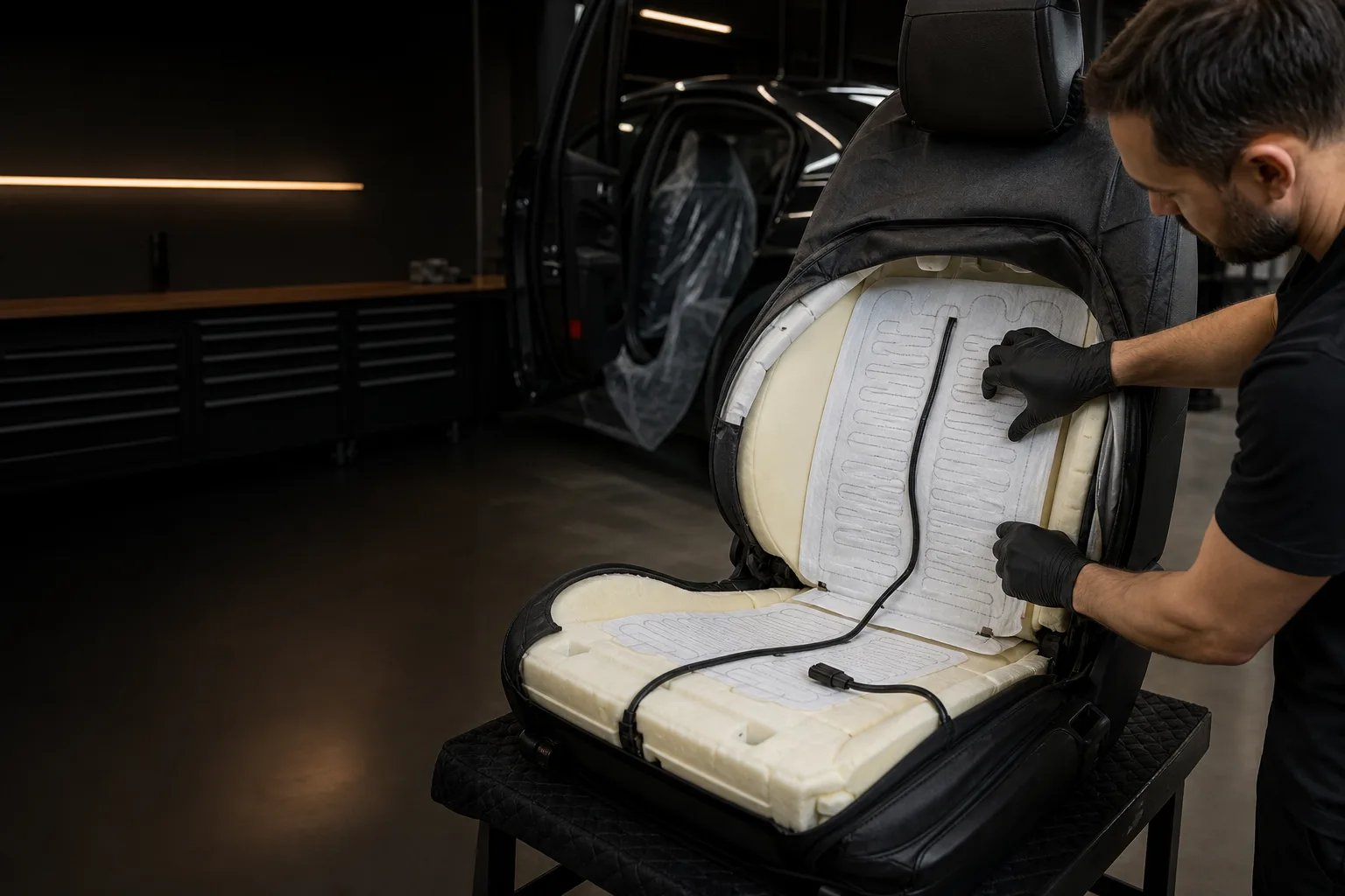 A professional technician fitting automotive heating elements beneath front-seat upholstery