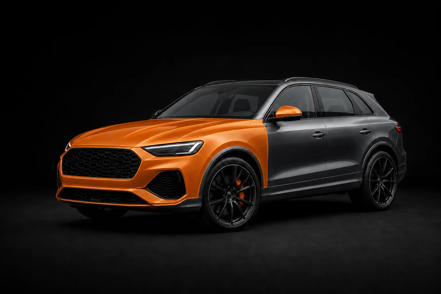 Graphite SUV with its front paint-protection-film coverage highlighted in orange