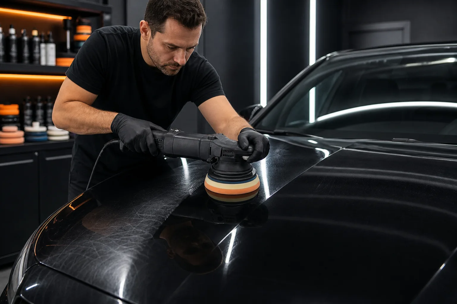 A professional detailer machine-polishing a black vehicle hood under inspection lights