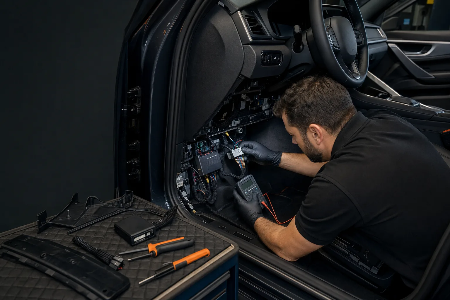 A professional technician installing a remote-start control module beneath a vehicle dashboard