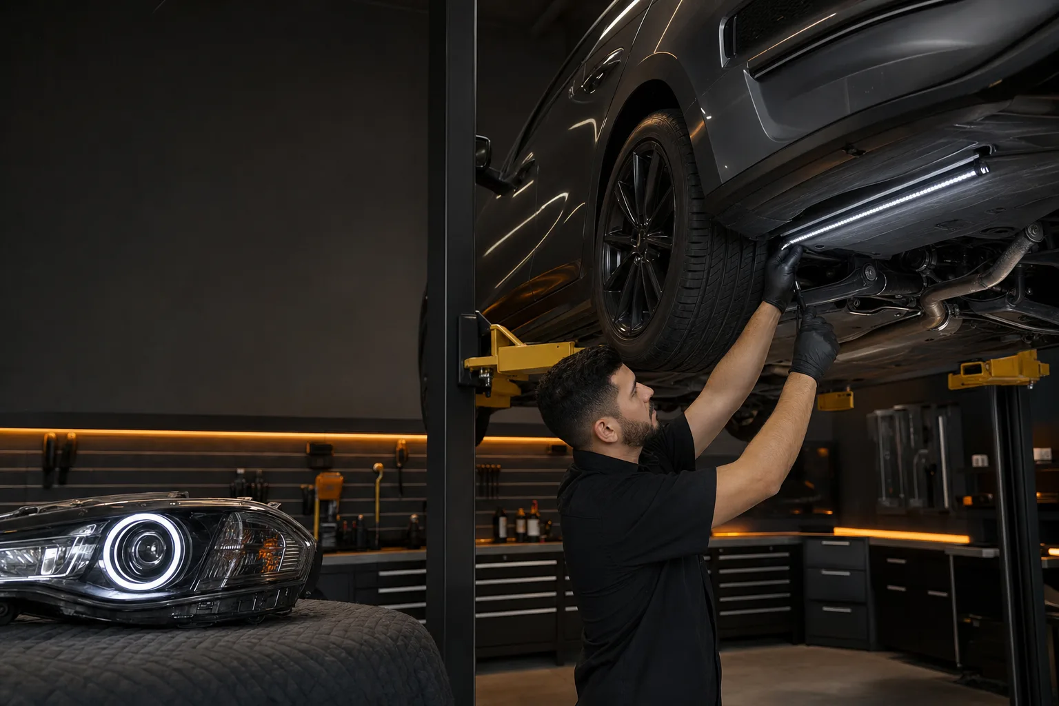A professional installer fitting an underbody light bar to a vehicle on a workshop lift