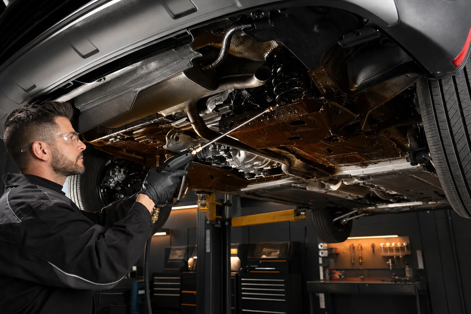 A professional technician applying rust-proofing treatment to a vehicle underbody