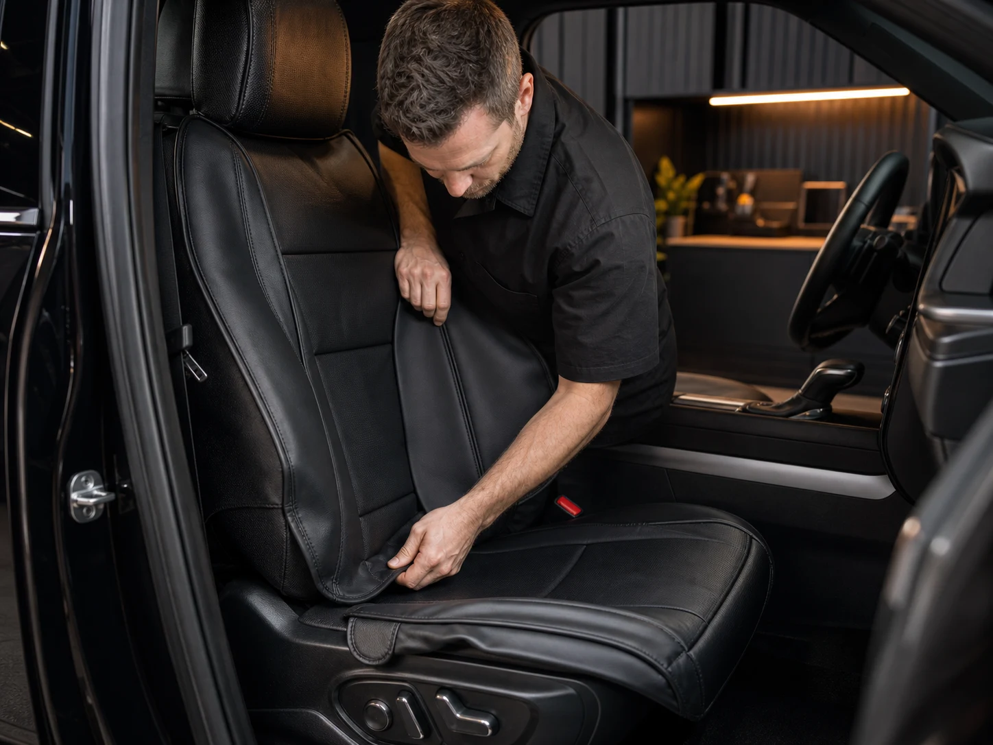 A professional installer carefully fitting a tailored black cover over a vehicle front seat