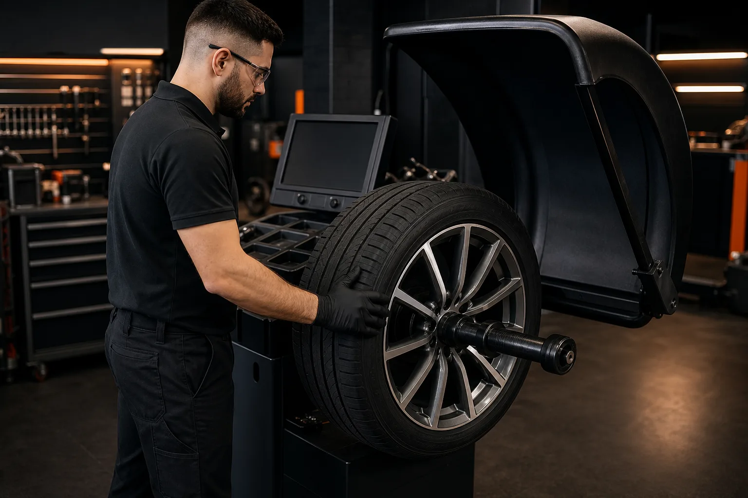 A professional technician balancing an alloy wheel and tire on workshop equipment