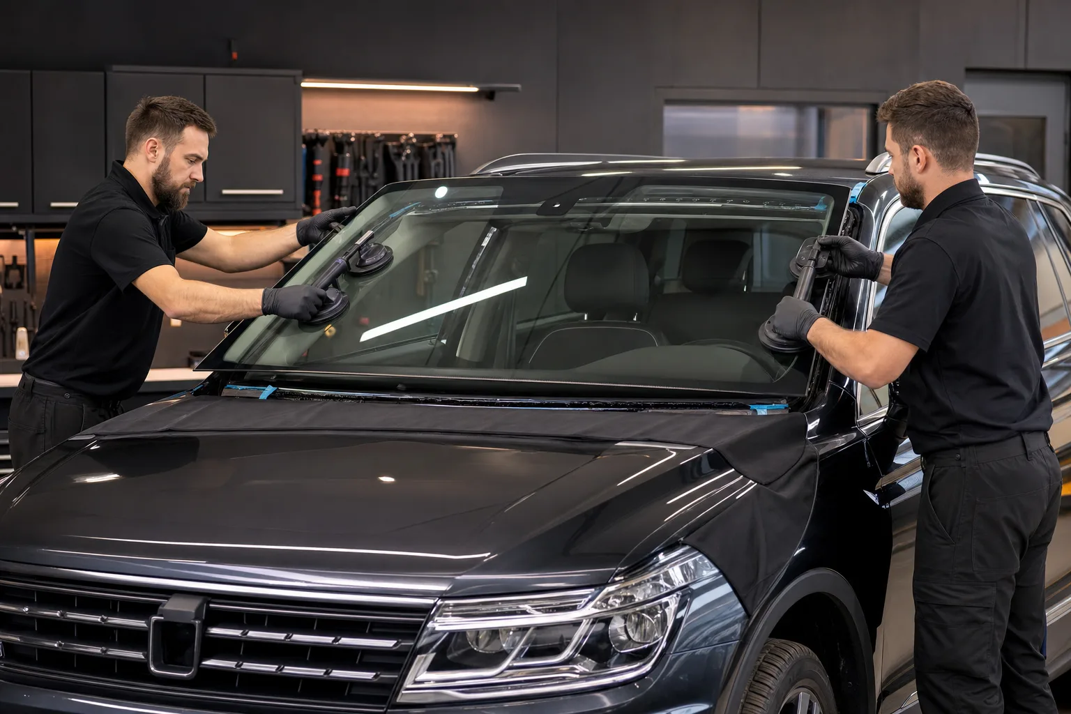 Two auto-glass technicians using suction handles to position a new windshield on a dark SUV
