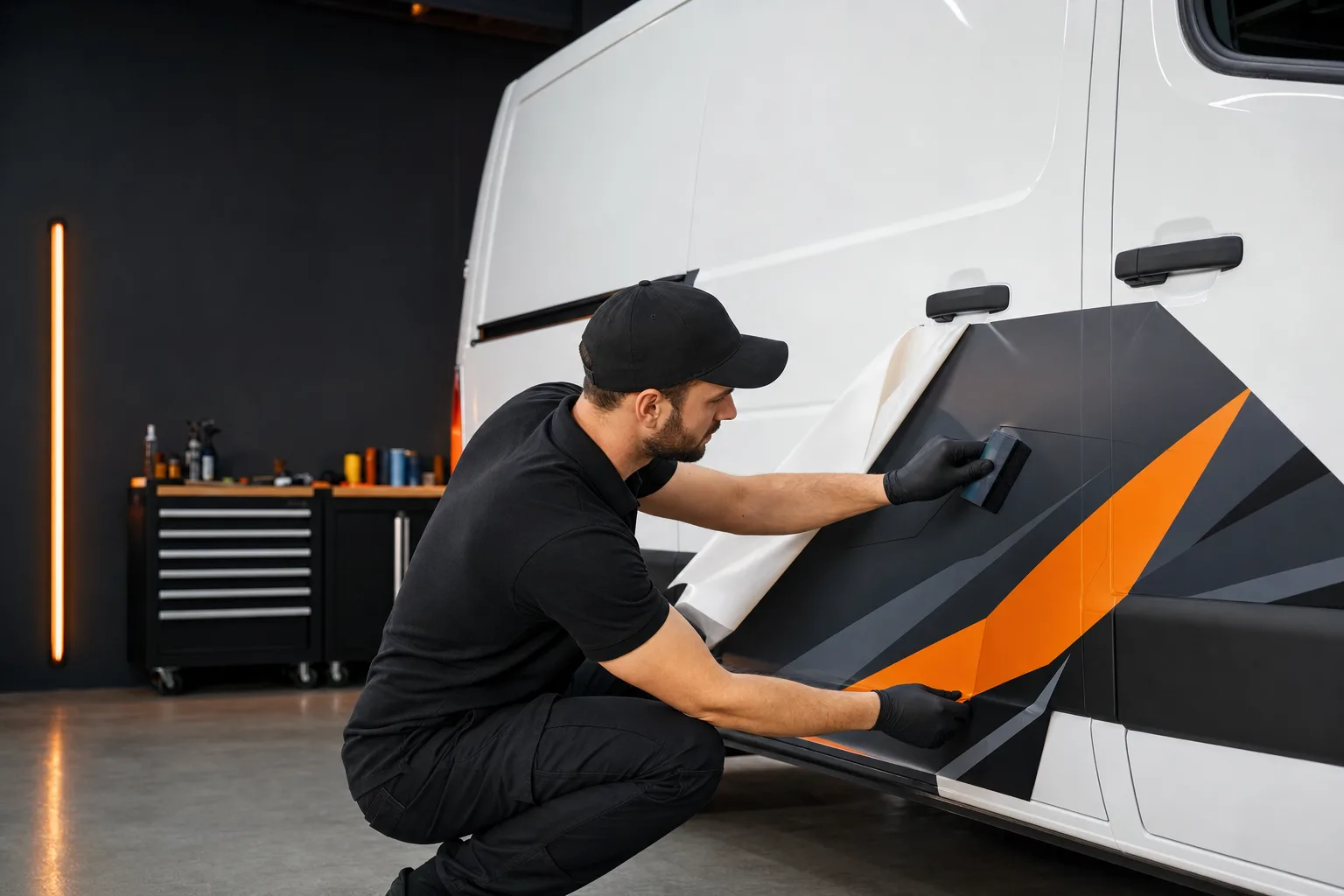 A professional installer applying a charcoal and orange vinyl graphic to a white cargo van
